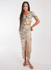 Tie Dye Ruched Split Maxi Skirt
