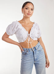 Broderie Puff Sleeve Tie Top