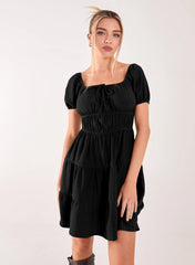 Crinkle Puff Sleeve Tiered Mini Dress