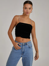 Velvet Rhinestone Straps Ruched Crop Top