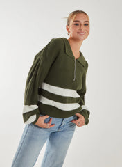 Striped Zip-Up Collar Knitted Jumper