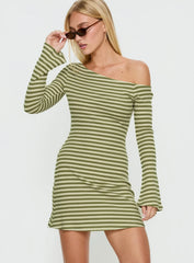 Adrietta Long Sleeve Off Shoulder Mini Dress Cream / Matcha Stripe