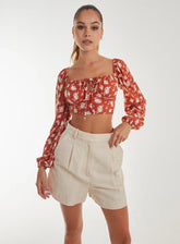 Floral Printed Milkmaid Long Balloon Sleeve Top