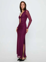 Darkside Long Sleeve Cut Out Plunge Maxi Dress Plum