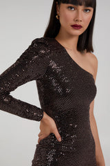 One Shoulder Ruched Sleeve Sparkle Dress