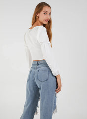 Cropped Ruched Top With Balloon Sleeves