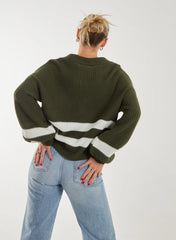 Striped Zip-Up Collar Knitted Jumper