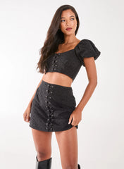 Lace Up Corset Puff Sleeve Broderie Crop Top