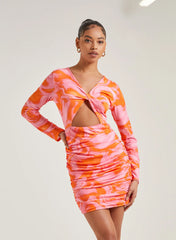 Marble Twist Long Sleeve Cut Out Ruched Mini Dress