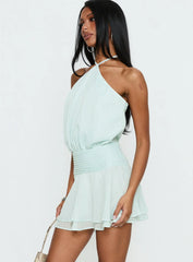 Rozario Chiffon Halter Mini Dress Aqua / Silver
