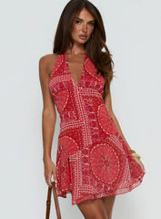 Alvira Halter Mini Dress Red Paisley