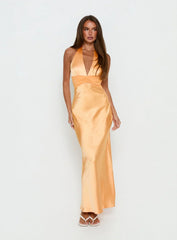 Sazenna Halter Plunge Maxi Dress Orange