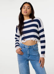 Distressed Striped Crop Knit Jumper