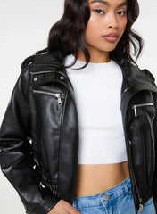 Pocket Detail PU Cropped Bomber Jacket