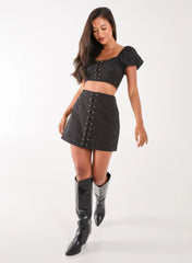 Lace Up Corset Puff Sleeve Broderie Crop Top