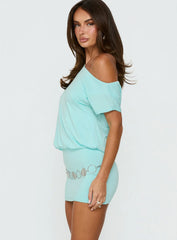 Jamelle Off Shoulder Mini Dress Aqua Blue
