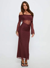 Velouria Off Shoulder Long Sleeve Maxi Dress Brown