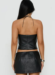 Kianah Faux Leather Tie Neck Corset Top Black