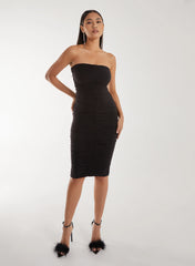 Strapless Ruched Slinky Midi Dress