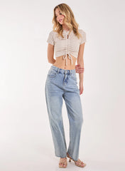 Short Sleeve Gathered Keyhole Ribbed Top