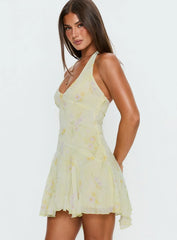 Isidorah Halter Pleat Mini Dress Yellow Floral