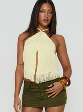 Junaya Arrowneck Fringe Detail Top Lemon