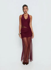 Desta Halter Sheer Maxi Dress Burgundy