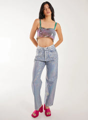 Metallic Silver Foil Coated Jeans