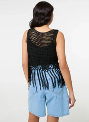 Tassel Hem Crochet Knit Top
