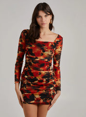 Ruched Smudge Print Long Sleeved Dress