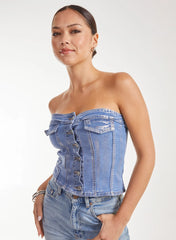 Metallic Silver Foil Denim Corset Top