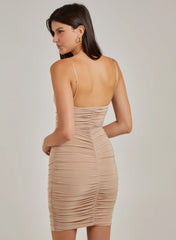 Cowl Neck Ruched Slinky Midi Dress