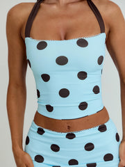 LULA REVERSIBLE TOP BLUE AND CHOCOLATE POLKA DOT