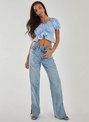 Ruched Puff Sleeve Frill Trim Top
