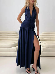 Diona Halter Ruched Maxi Dress Navy