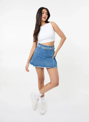 Belt Denim Pleated Mini Skirt