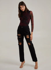 Smudge Print Long Sleeve Mesh Bodysuit