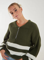 Striped Zip-Up Collar Knitted Jumper