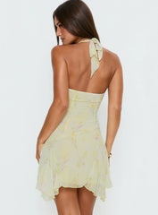 Isidorah Halter Pleat Mini Dress Yellow Floral