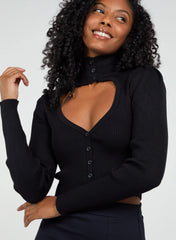Ribbed Buttoned Cut Out High Neck Top