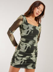 Smokey Print Long Sleeve Mesh Mini Dress