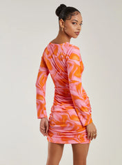 Marble Twist Long Sleeve Cut Out Ruched Mini Dress