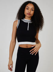 Half Zip Striped High Neck Sleeveless Crop Top