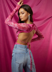 Graphic Floral Long Sleeve Backless Bodysuit