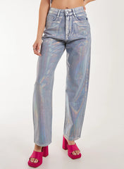 Metallic Silver Foil Coated Jeans