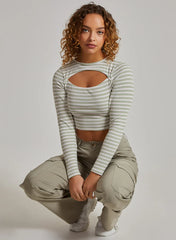 Striped Rib Letterbox Long Sleeve Crop Top