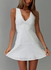 Splashy Lace Trim Mini Dress White