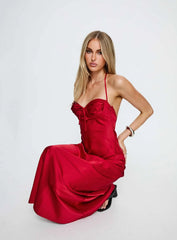 Costella Halter Satin Maxi Dress Red