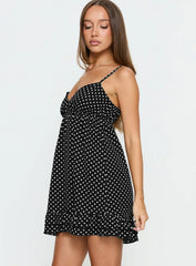 Casee V Neck Frill Mini Dress Black Polka Dot