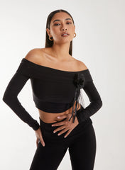 Corsage Detail Bardot Long Sleeve Top